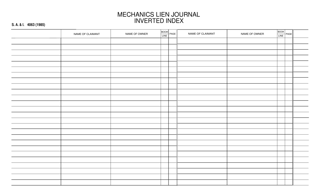 Form S.A.& I.4063 Mechanics Lien Journal Inverted Index - Oklahoma