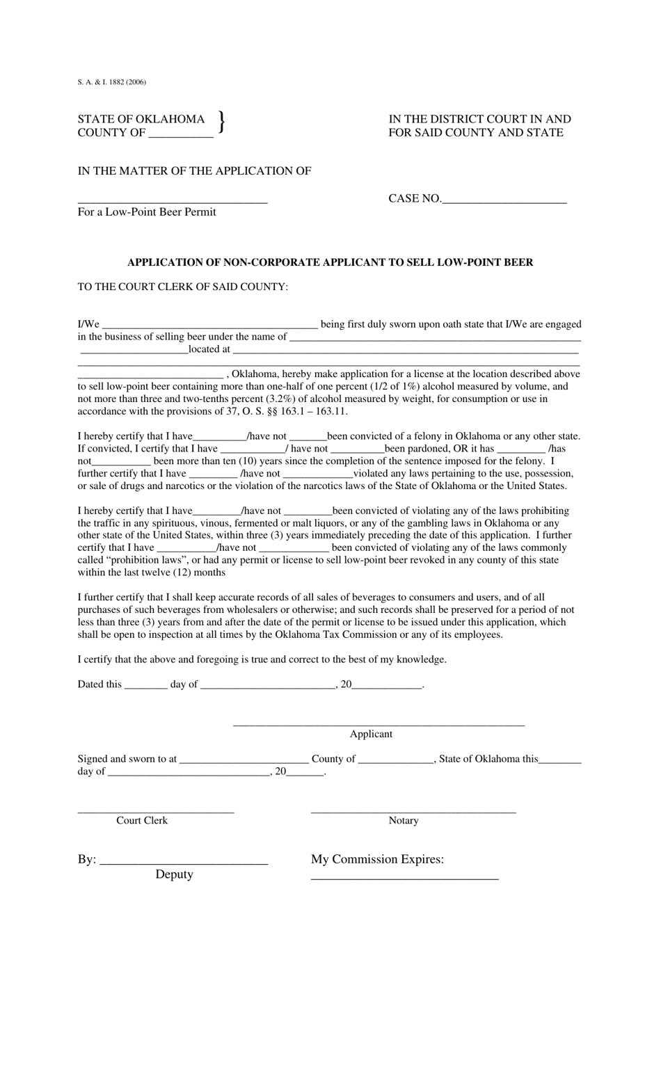 Form S.A. I.1882 Application of Non-corporate Applicant to Sell Low-Point Beer - Oklahoma, Page 1