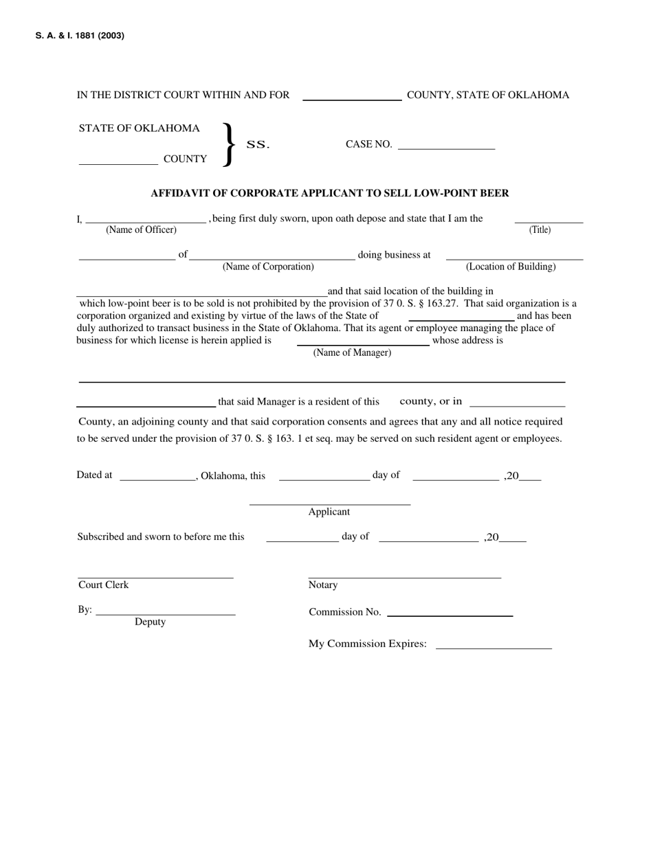 Form S.A. I.1881 Affidavit of Corporate Applicant to Sell Low-Point Beer - Oklahoma, Page 1