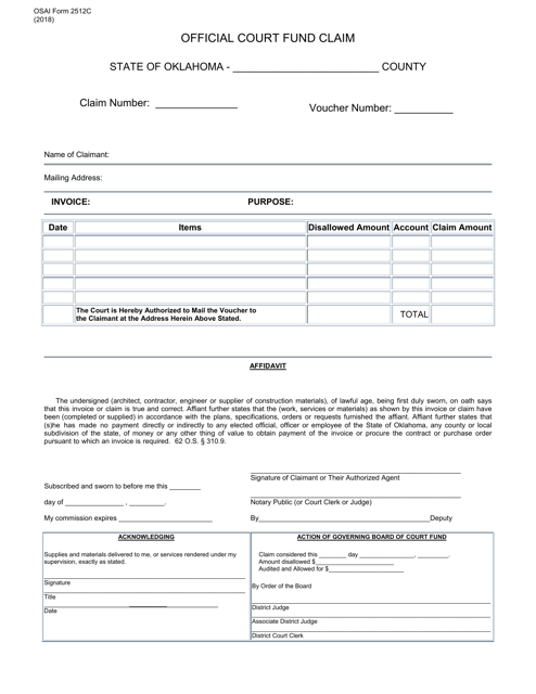 OSAI Form 2512C Official Court Fund Claim - Oklahoma