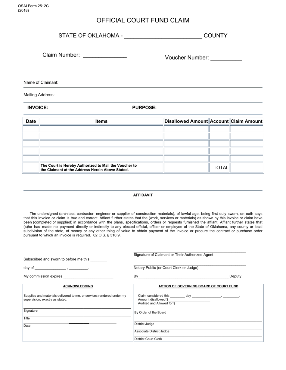 OSAI Form 2512C Official Court Fund Claim - Oklahoma, Page 1