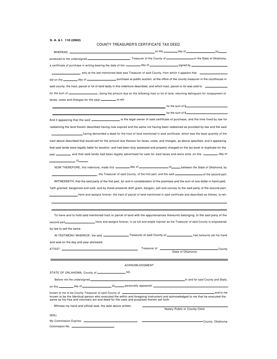 Form S.A. I.110 County Treasurers Certificate Tax Deed - Oklahoma, Page 1