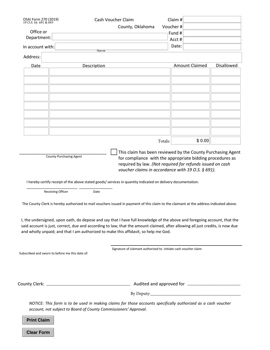 OSAI Form 270 Cash Voucher Claim - Oklahoma, Page 1