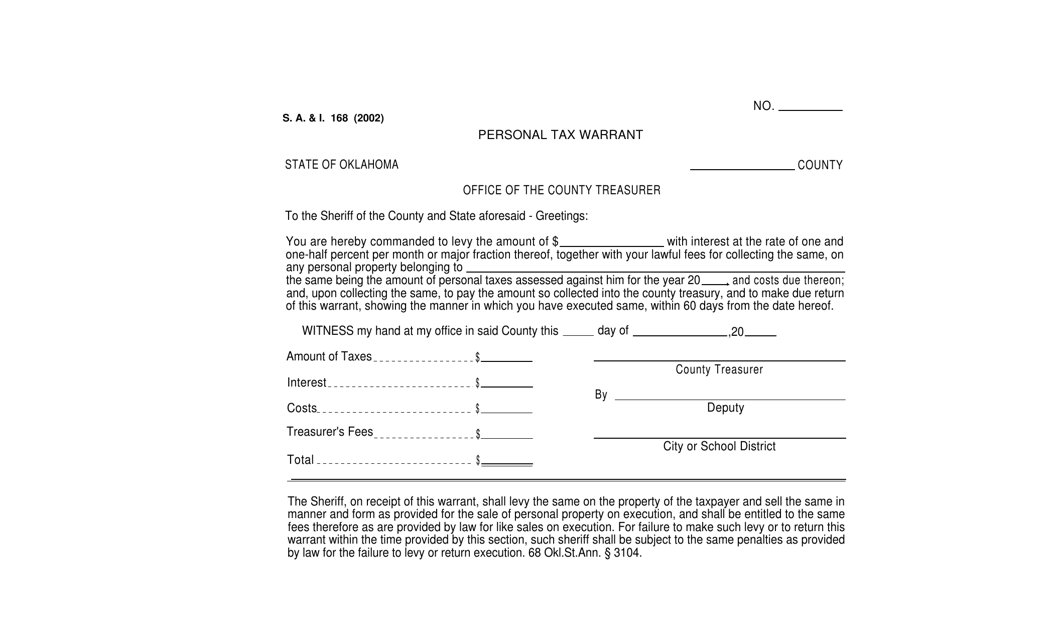 Form S.A.& I.168 Personal Tax Warrant - Oklahoma