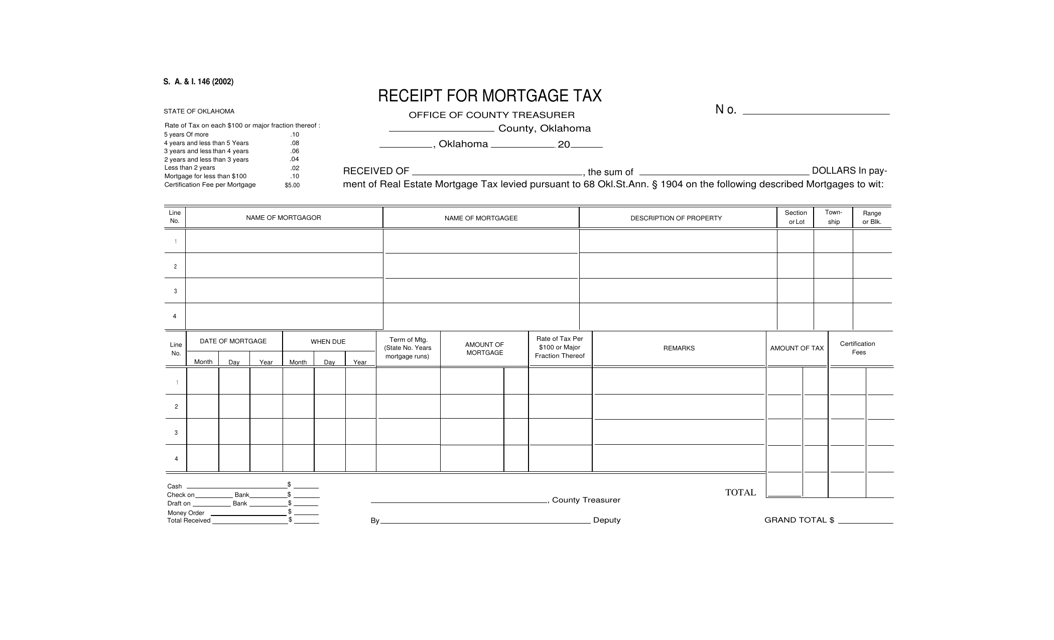 Form S.A.& I.146 Receipt for Mortgage Tax - Oklahoma