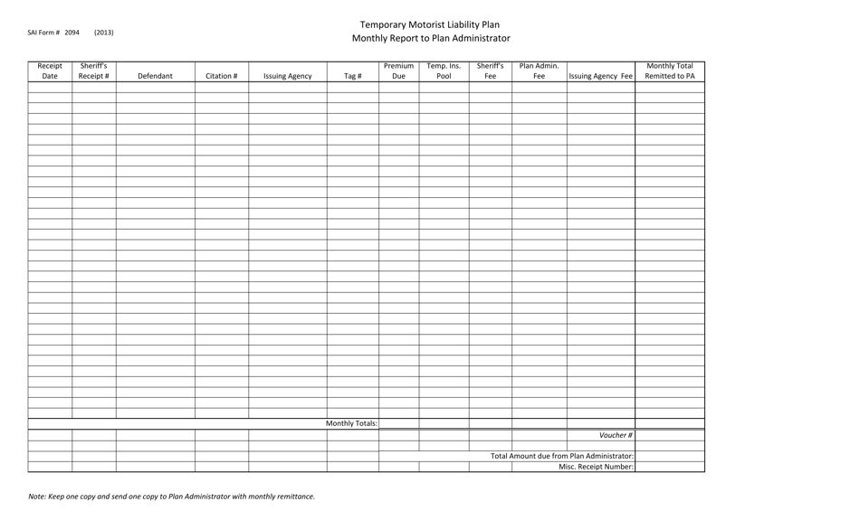 OSAI Form 2094 Temporary Motorist Liability Plan - Monthly Report to Plan Administrator - Oklahoma, Page 1