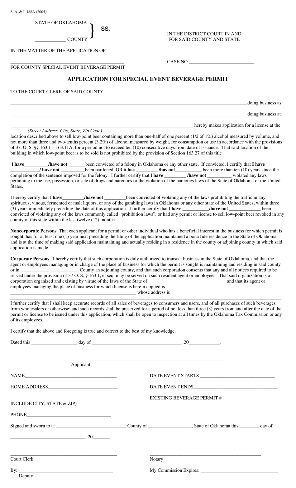 Form S.A. I.188A Application for Special Event Beverage Permit - Oklahoma, Page 1