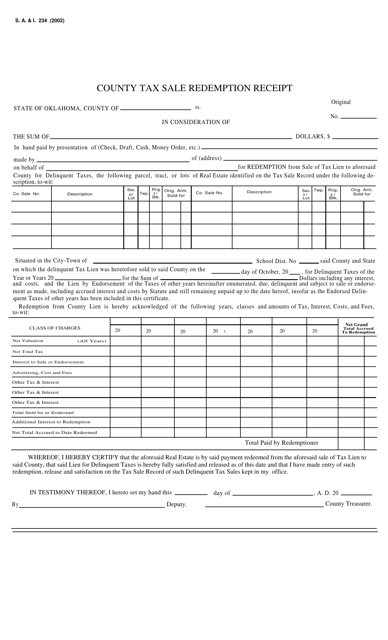 Form S.A.& I.234 County Tax Sale Redemption Receipt - Oklahoma