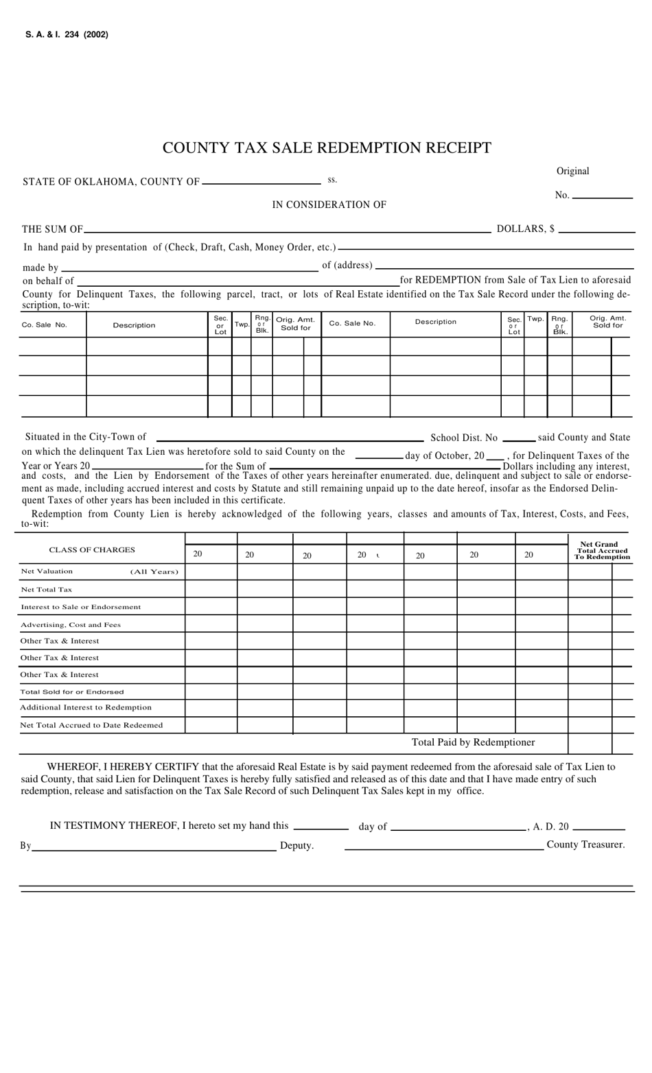 Form S.A. I.234 County Tax Sale Redemption Receipt - Oklahoma, Page 1