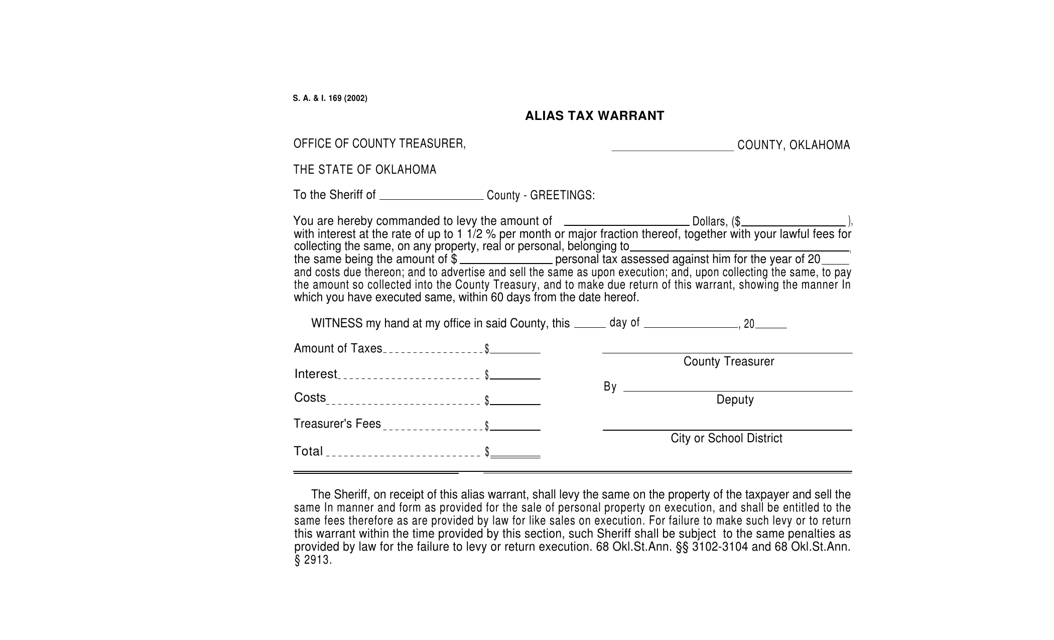 Form S.A.& I.169 Alias Tax Warrant - Oklahoma