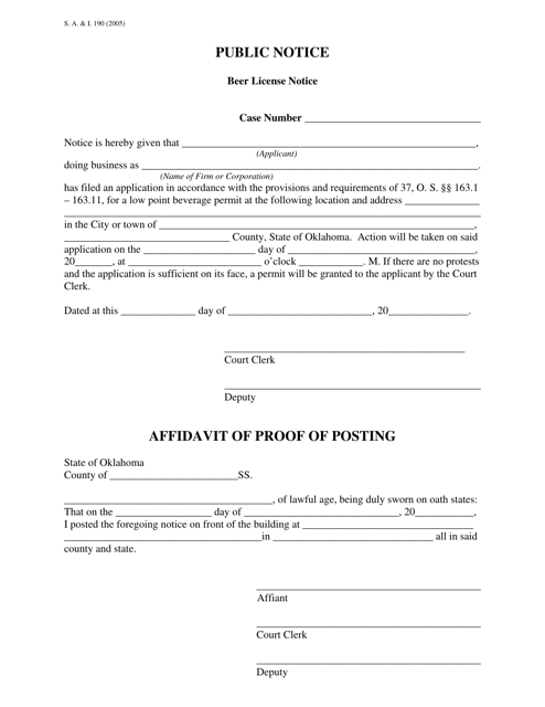 Form S.A.& I.190 Public Notice - Oklahoma