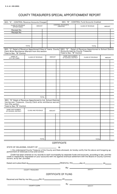 Form S.A.& I.220 County Treasurer's Special Apportionment Report - Oklahoma