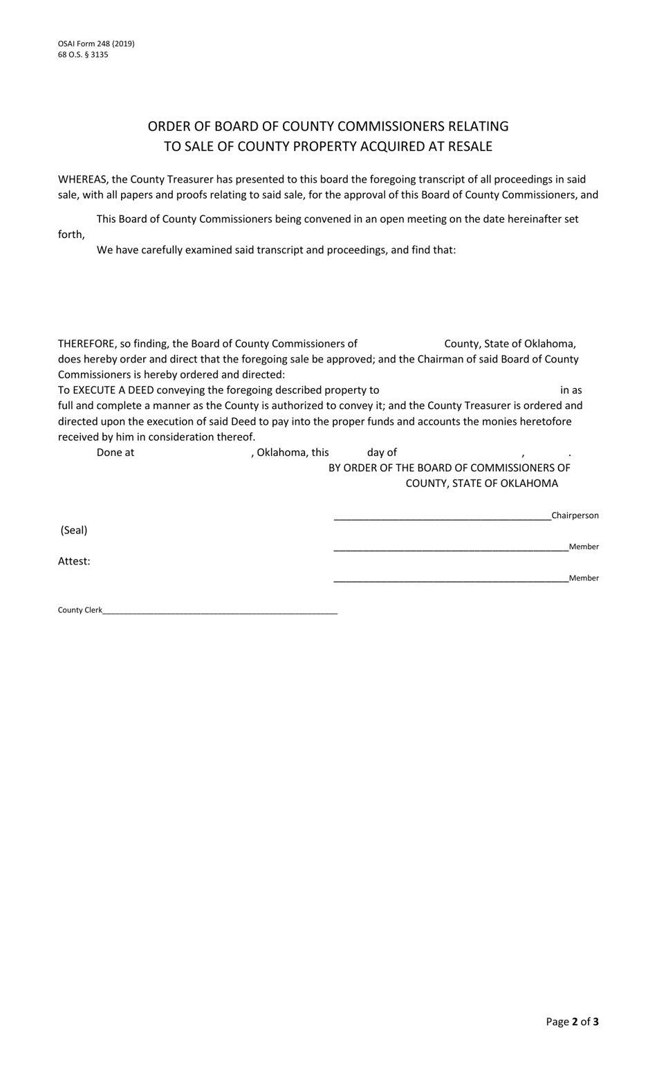 OSAI Form 248 County Treasurers Transcript of Proceedings on Sale of County Property Acquired at Resale for Approval of the Board of County Commissioners - Oklahoma, Page 2