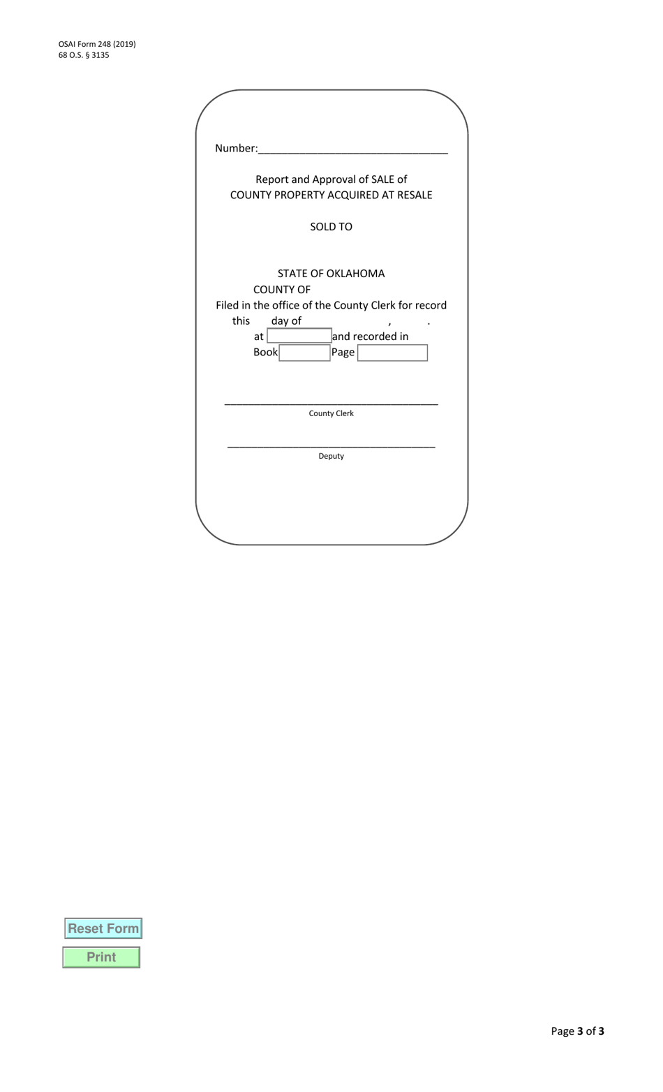 OSAI Form 248 County Treasurers Transcript of Proceedings on Sale of County Property Acquired at Resale for Approval of the Board of County Commissioners - Oklahoma, Page 3