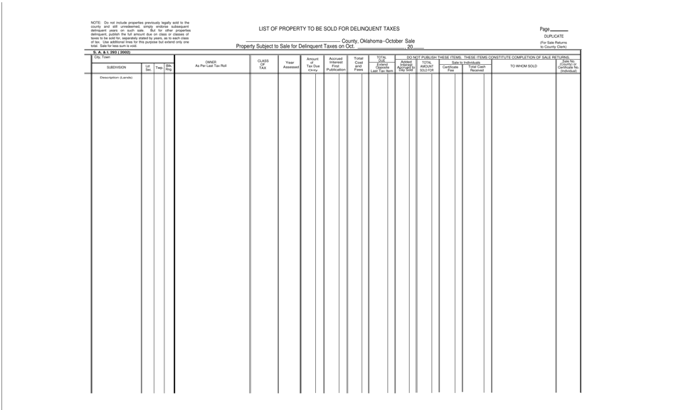 Form S.A. I.293 List of Property to Be Sold for Delinquent Taxes - Oklahoma, Page 1