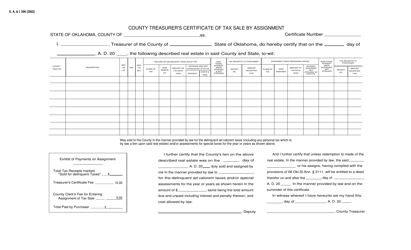 Document preview: Form S.A.& I.296 County Treasurer's Certificate of Tax Sale by Assignment - Oklahoma