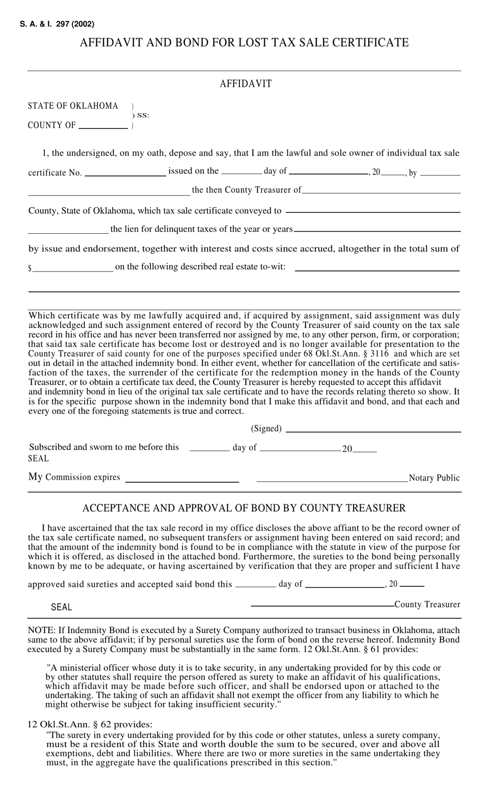 Form S.A. I.297 Affidavit and Bond for Lost Tax Sale Certificate - Oklahoma, Page 1