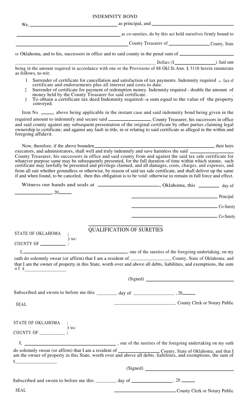 Form S.A. I.297 Affidavit and Bond for Lost Tax Sale Certificate - Oklahoma, Page 2