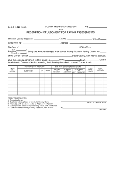 Form S.A.& I.320 County Treasurer's Receipt for Redemption of Judgment for Paving Assessments - Oklahoma