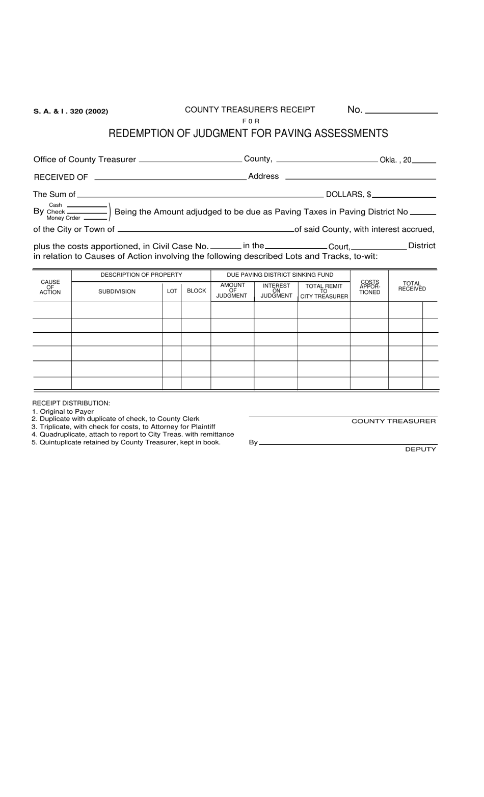 Form S.A. I.320 County Treasurers Receipt for Redemption of Judgment for Paving Assessments - Oklahoma, Page 1