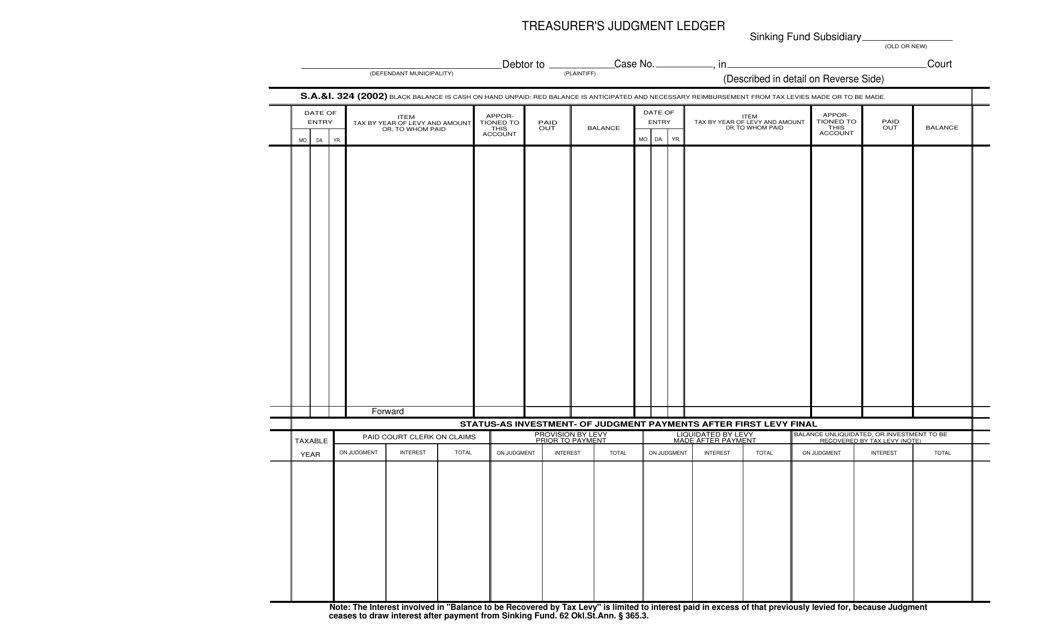 Form S.A.& I.324 Treasurer's Judgment Ledger - Oklahoma