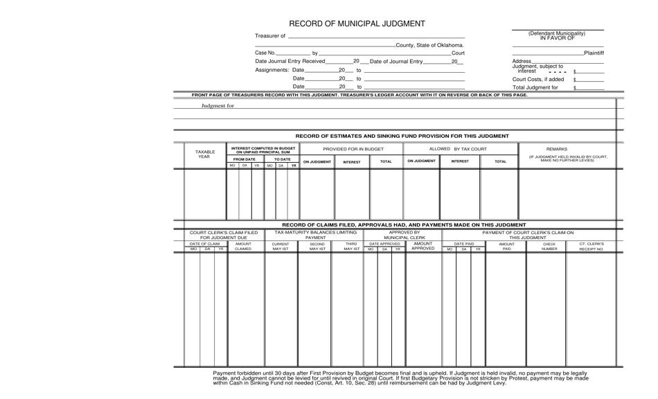 Form S.A. I.324 Treasurers Judgment Ledger - Oklahoma, Page 2