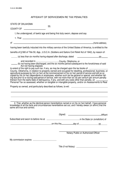 Form S.A.& I.354 Affidavit of Servicemen Re Tax Penalties - Oklahoma