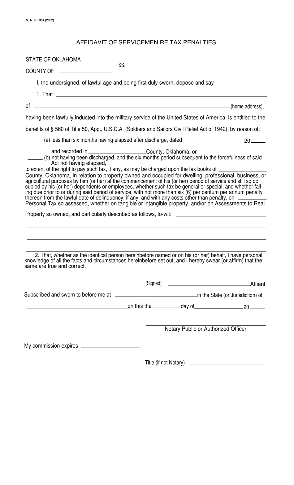 Form S.A. I.354 Affidavit of Servicemen Re Tax Penalties - Oklahoma, Page 1