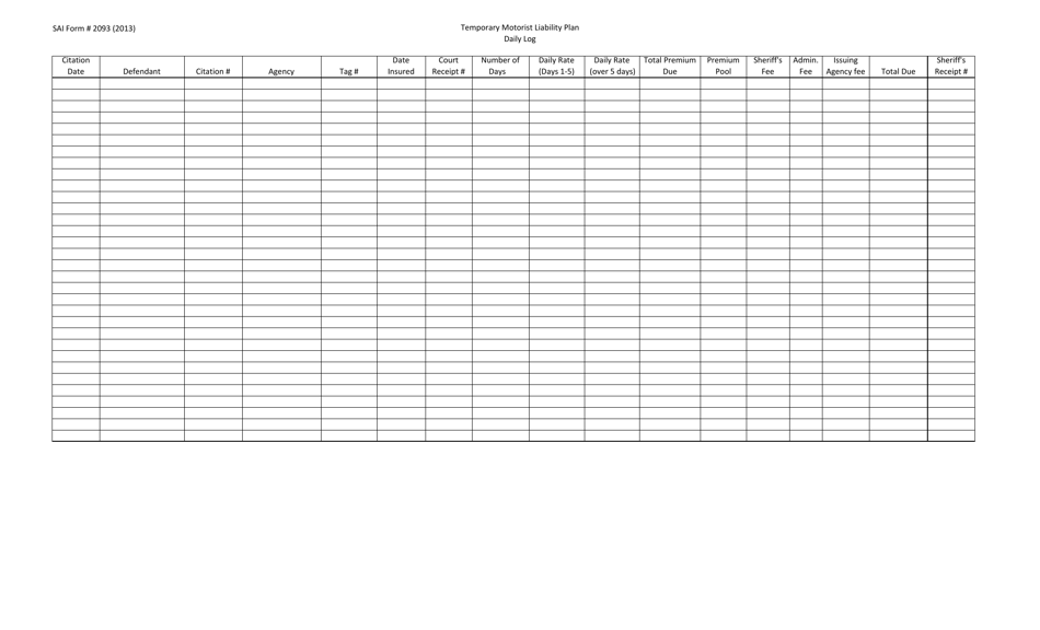 OSAI Form 2093 Temporary Motorist Liability Plan Daily Log - Oklahoma, Page 1