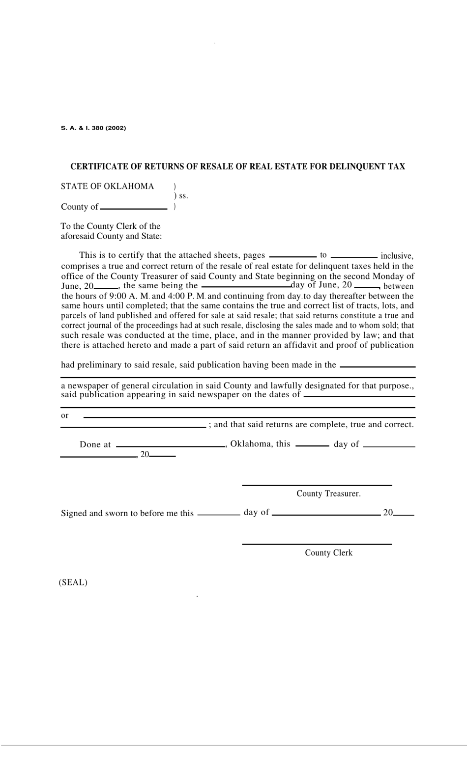 Form S.A. I.380 Certificate of Returns of Resale of Real Estate for Delinquent Tax - Oklahoma, Page 1