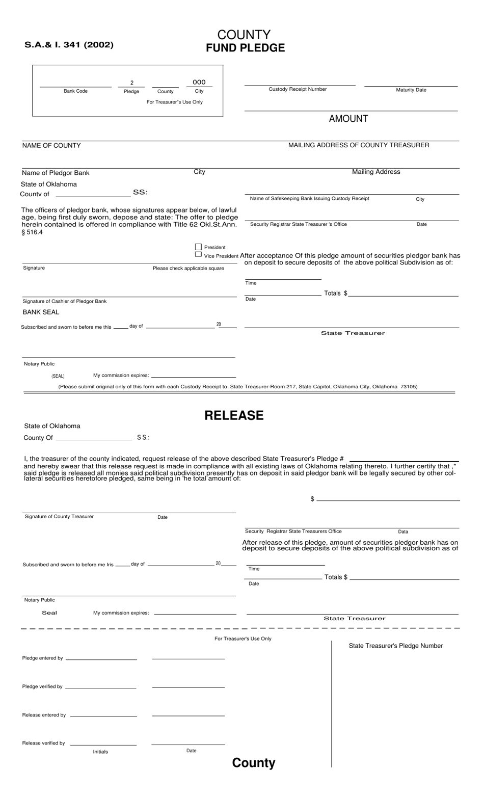 Form S.A. I.341 County Fund Pledge - Oklahoma, Page 1