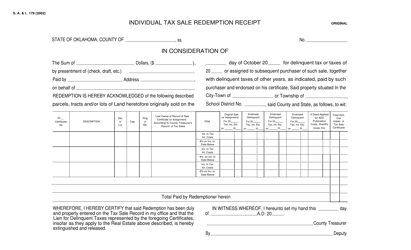 Document preview: Form S.A.& I.178 Individual Tax Sale Redemption Receipt - Oklahoma