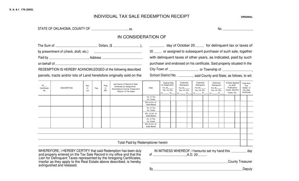 Form S.A. I.178 Individual Tax Sale Redemption Receipt - Oklahoma, Page 1