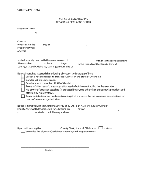 OSAI Form 4091 Notice of Bond Hearing Regarding Discharge of Lien - Oklahoma