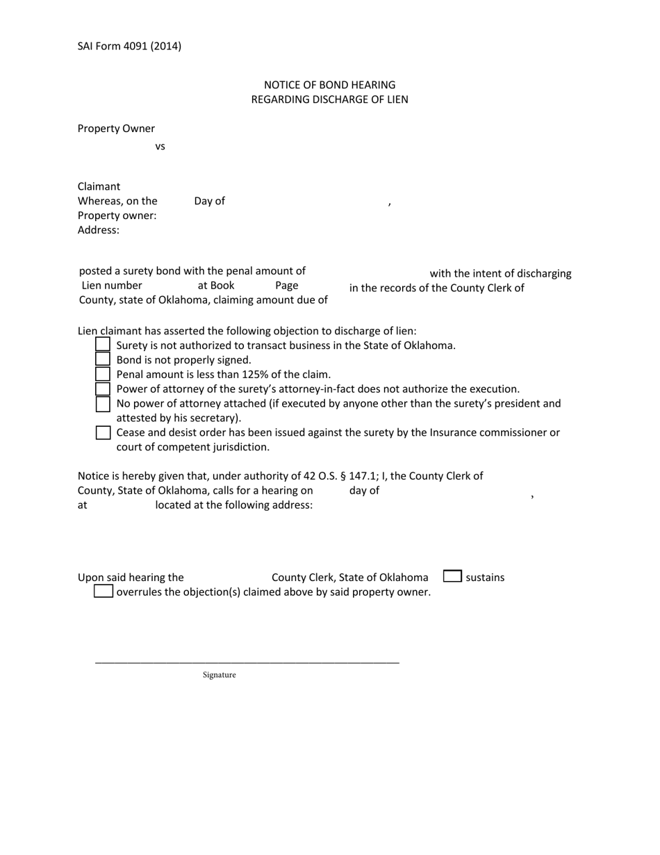 OSAI Form 4091 Notice of Bond Hearing Regarding Discharge of Lien - Oklahoma, Page 1