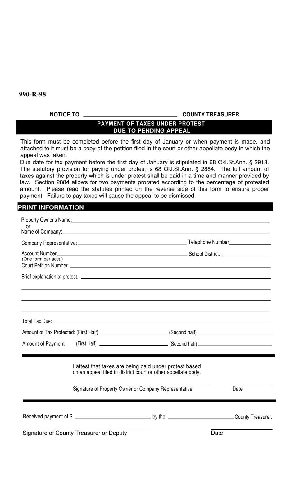 Form 0990R Payment of Taxes Under Protest Due to Pending Appeal - Oklahoma, Page 1