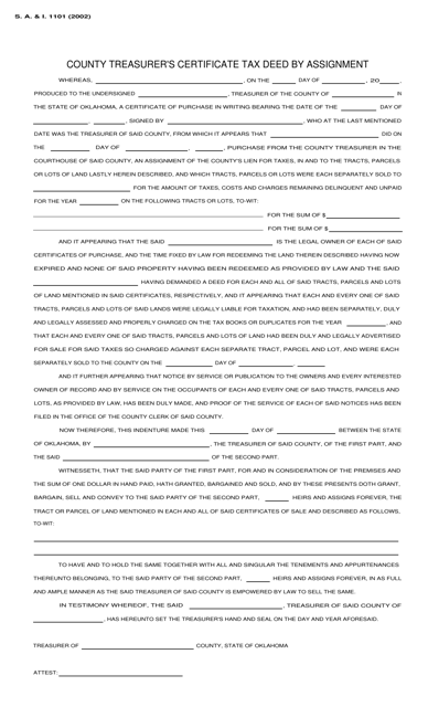 Form S.A.& I.1101 County Treasurer's Certificate Tax Deed by Assignment - Oklahoma