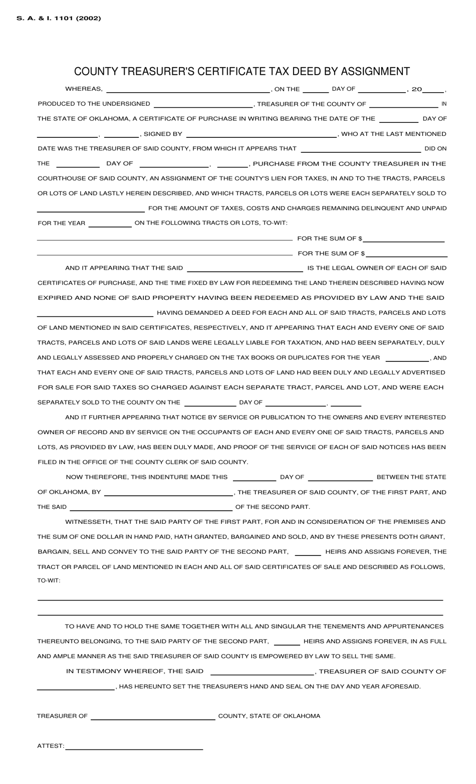 Form S.A. I.1101 County Treasurers Certificate Tax Deed by Assignment - Oklahoma, Page 1