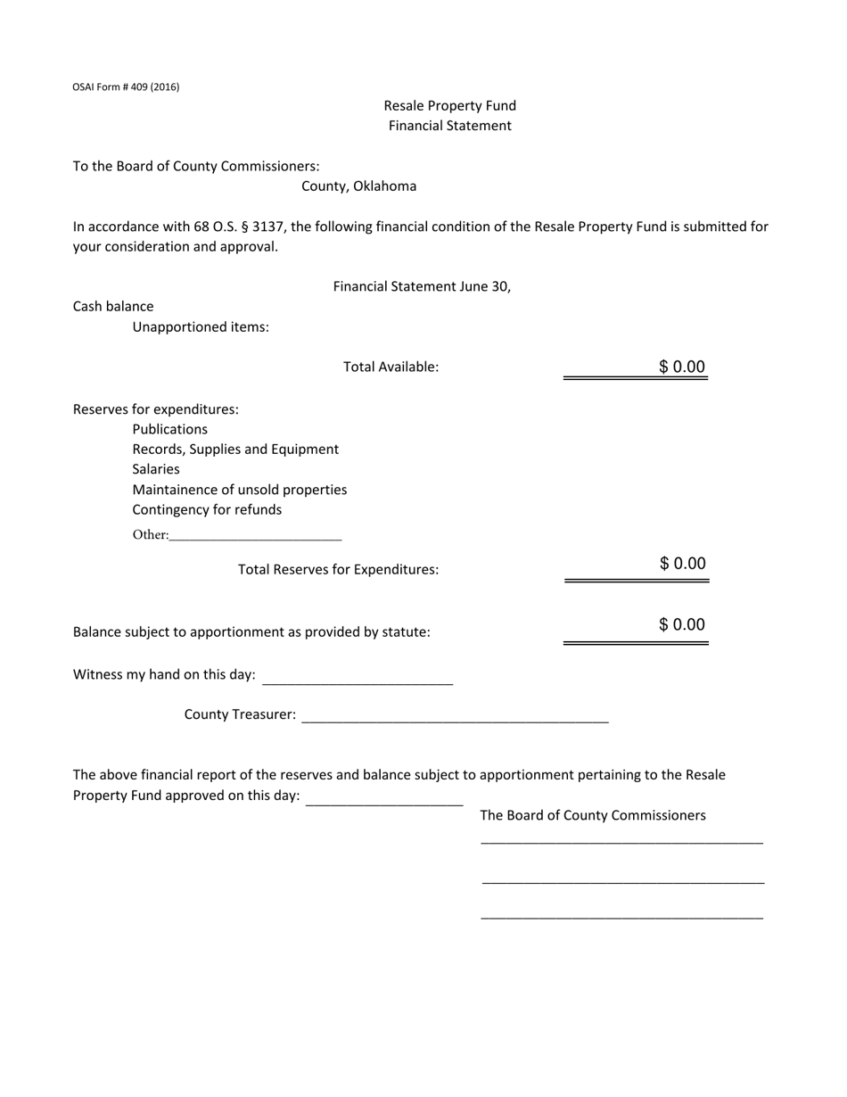OSAI Form 409 Resale Property Fund Financial Statement - Oklahoma, Page 1