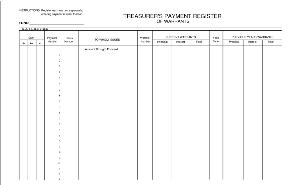 Form S.A.& I.2211 Treasurer's Payment Register of Warrants - Oklahoma
