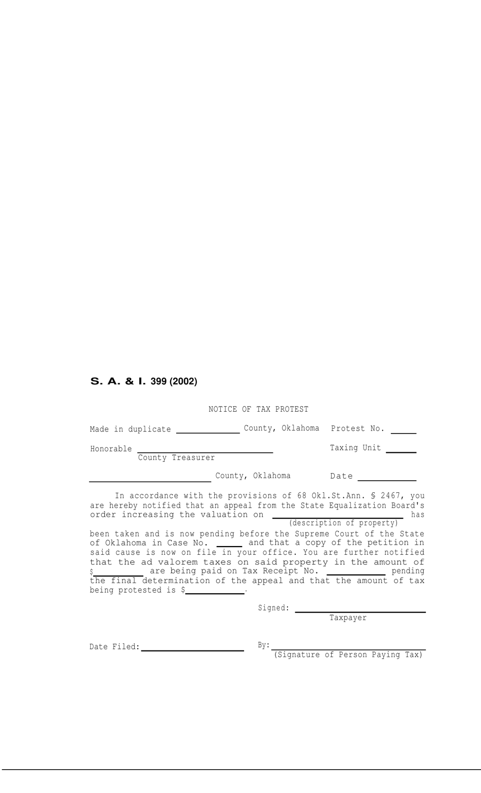 Form S.A. I.399 Notice of Tax Protest - Oklahoma, Page 1