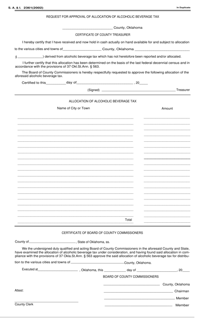 Form S.A.& I.2361 Request for Approval of Allocation of Alcoholic Beverage Tax - Oklahoma