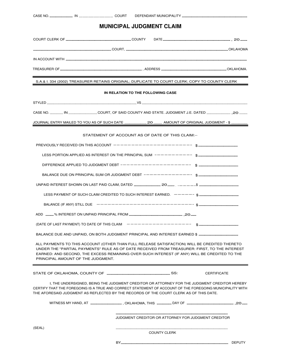 Form S.A. I.334 Municipal Judgment Claim - Oklahoma, Page 1