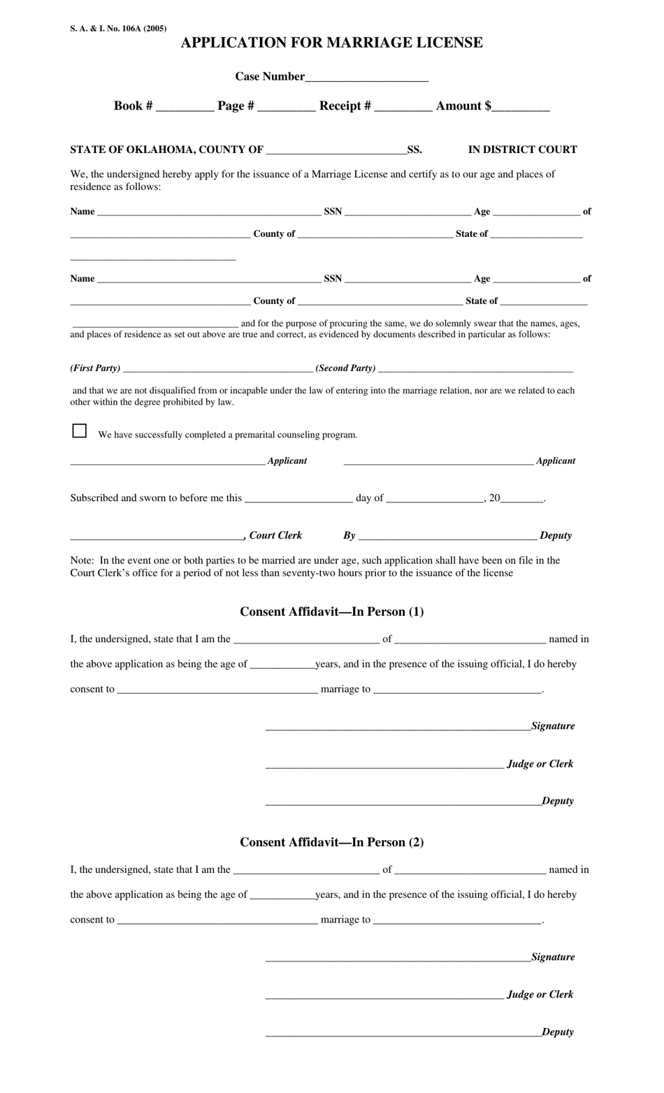Form S.A. I.106A Application for Marriage License - Oklahoma, Page 1