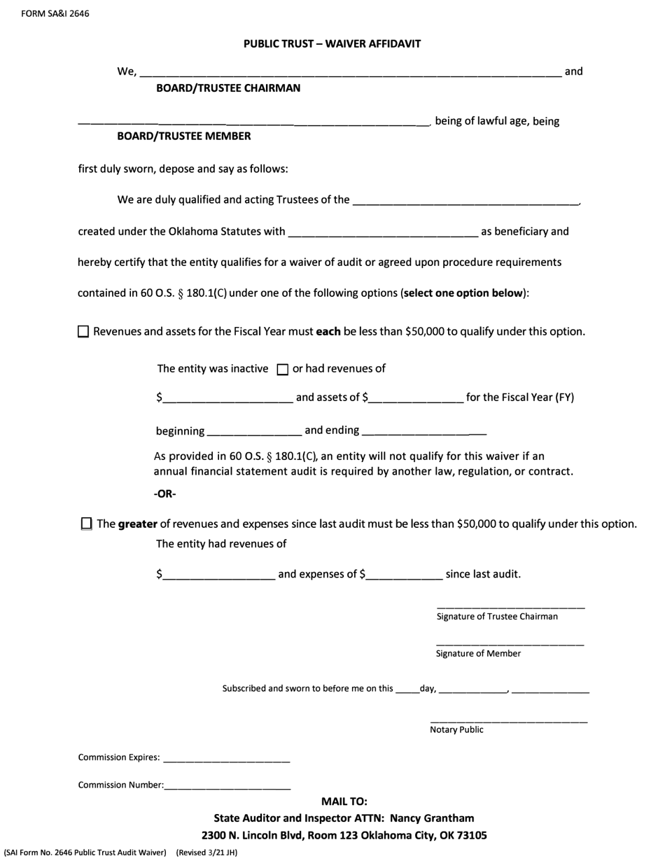 OSAI Form 2646 Public Trust - Waiver Affidavit - Oklahoma, Page 1