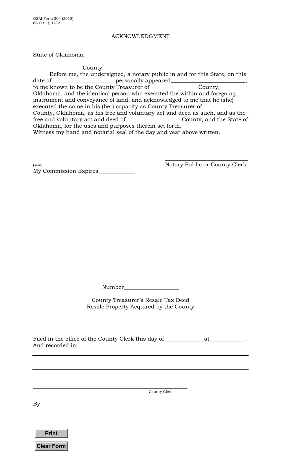 OSAI Form 304 County Treasurers Resale Deed - Oklahoma, Page 2