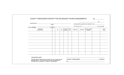 Document preview: Form S.A.& I.278 County Treasurer's Receipt for Delinquent Paving Assessments - Oklahoma