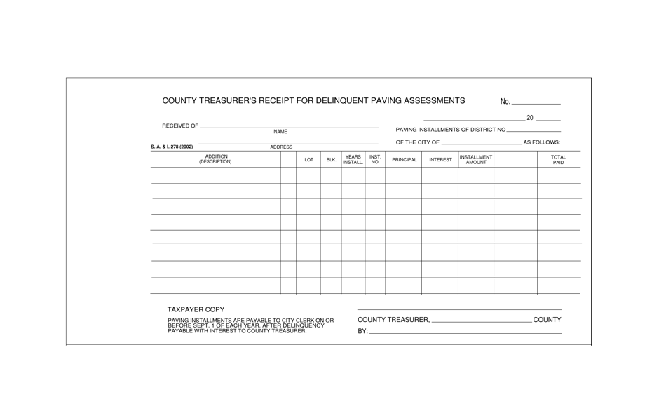 Form S.A. I.278 County Treasurers Receipt for Delinquent Paving Assessments - Oklahoma, Page 1