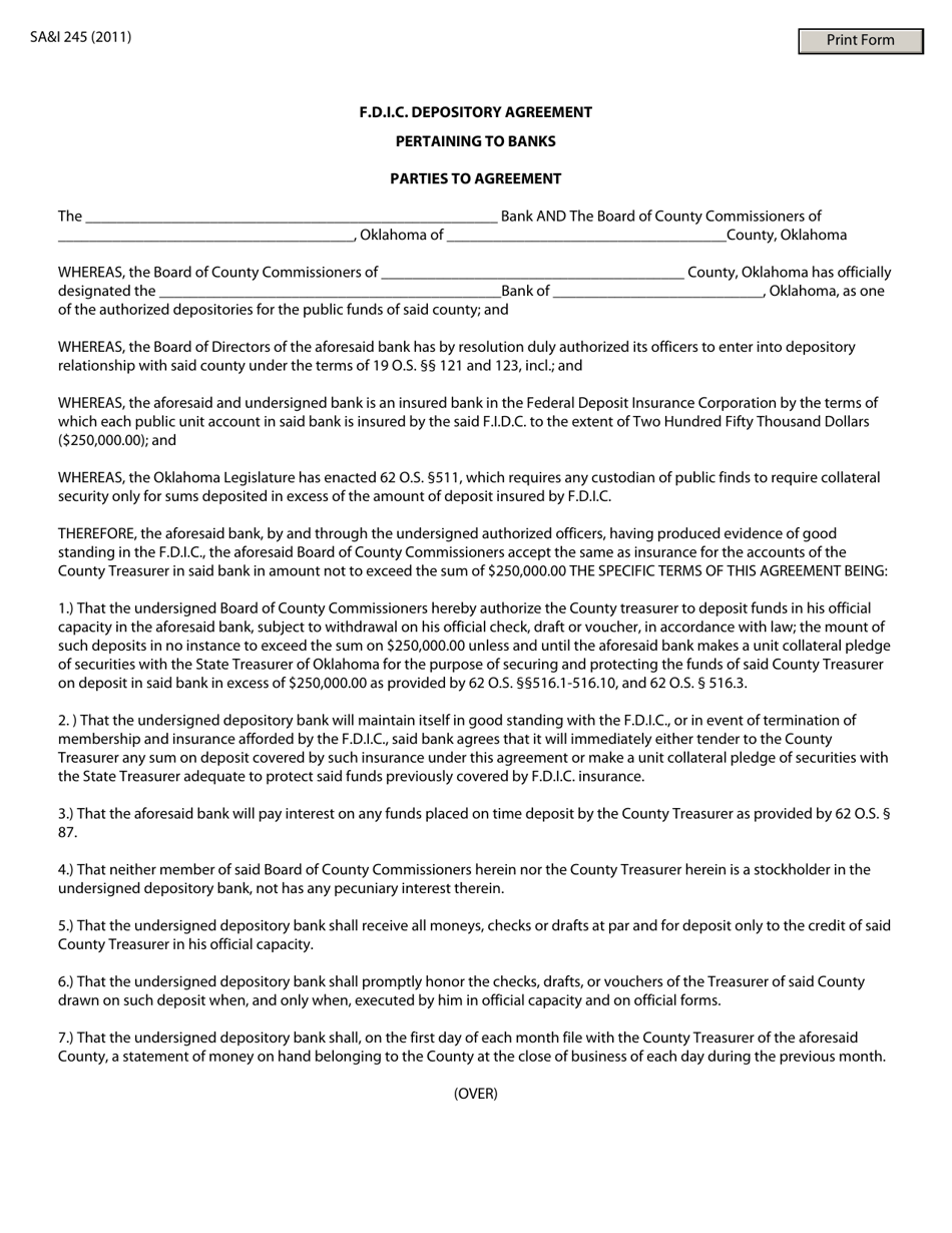 Form S.A. I.245 F.d.i.c. Depository Agreement Pertaining to Banks - Oklahoma, Page 1