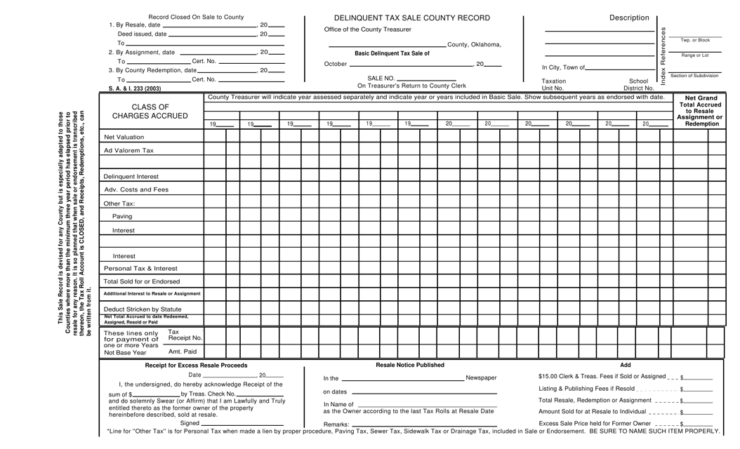 Form S.A.& I.233 Delinquent Tax Sale County Record - Oklahoma
